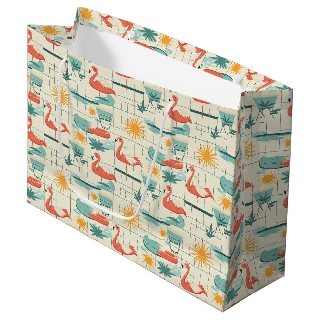 Retro-Flamingo-Poolside-Sommer-Muster (3) Große Geschenktüte (Vorderseite Schrägansicht)