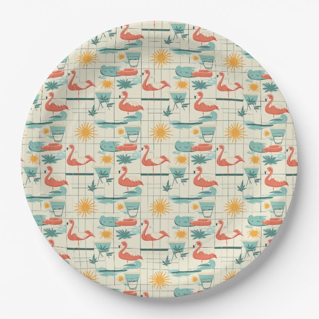 Retro-Flamingo-Poolside-Sommer-Muster (3) Pappteller (Vorderseite)