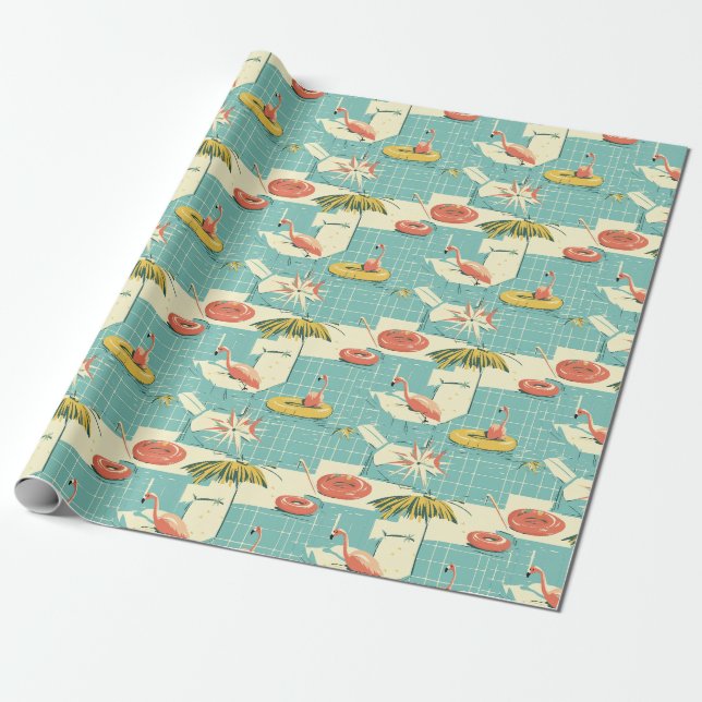 Retro-Flamingo-Poolside-Sommer-Muster (4) Geschenkpapier (Ungerollt)