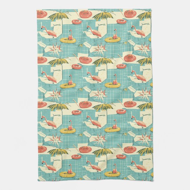 Retro-Flamingo-Poolside-Sommer-Muster (4) Geschirrtuch (Vertikal)