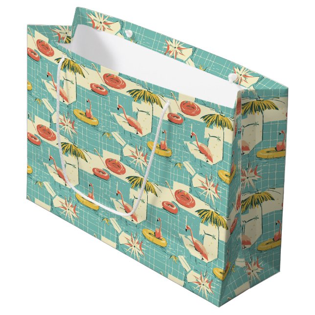 Retro-Flamingo-Poolside-Sommer-Muster (4) Große Geschenktüte (Vorderseite Schrägansicht)
