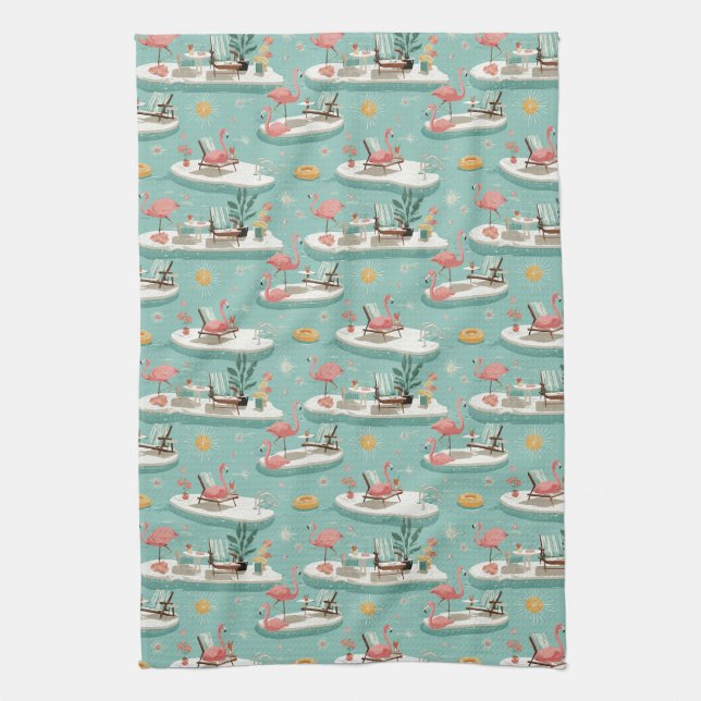 Retro-Flamingo-Poolside-Sommer-Muster (6) Geschirrtuch (Vertikal)