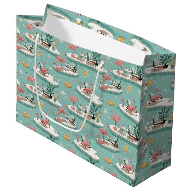 Retro-Flamingo-Poolside-Sommer-Muster (6) Große Geschenktüte (Vorderseite Schrägansicht)