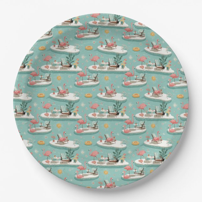 Retro-Flamingo-Poolside-Sommer-Muster (6) Pappteller (Vorderseite)