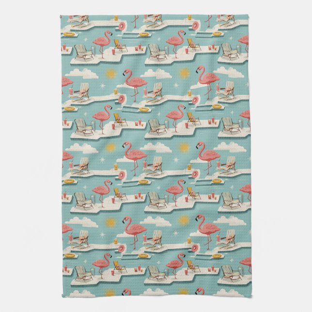 Retro-Flamingo-Poolside-Sommer-Muster (7) Geschirrtuch (Vertikal)