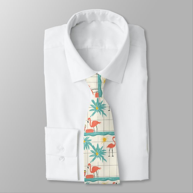 Retro-Flamingo-Poolside-Sommer-Muster (7) Krawatte (Gebunden)