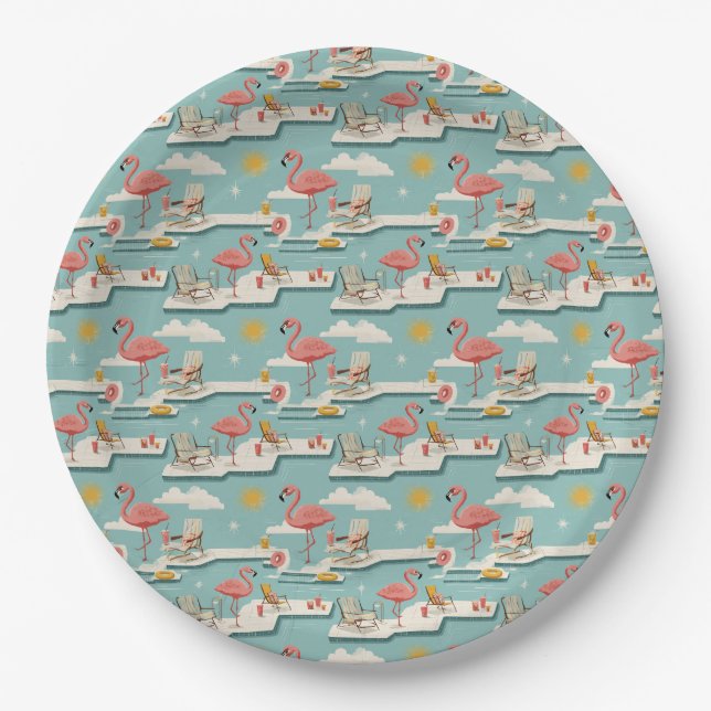 Retro-Flamingo-Poolside-Sommer-Muster (7) Pappteller (Vorderseite)
