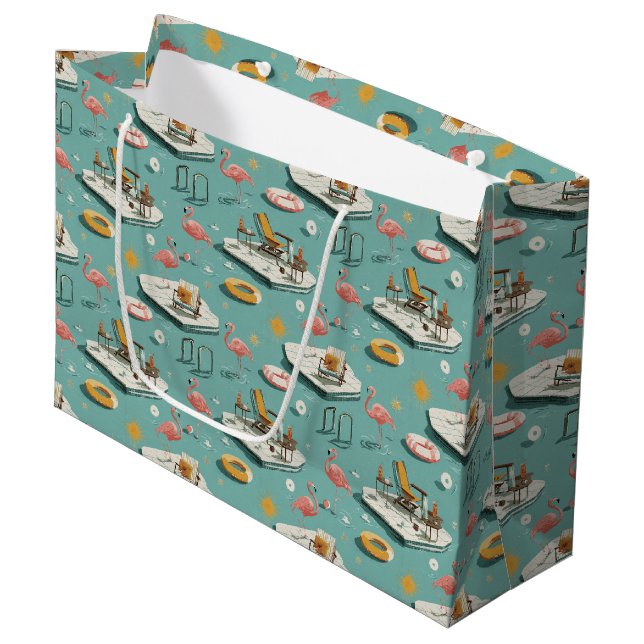 Retro-Flamingo-Poolside-Sommer-Muster (8) Große Geschenktüte (Vorderseite Schrägansicht)