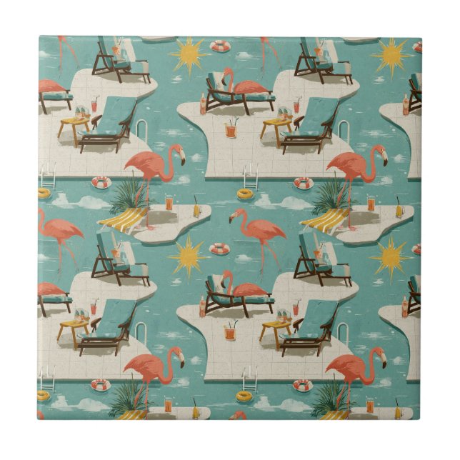 Retro-Flamingo-Poolside-Sommer-Muster (9) Fliese (Vorderseite)