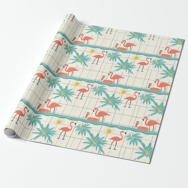 Retro Flamingo Poolside Summer Pattern (2) Geschenkpapier (Ungerollt)