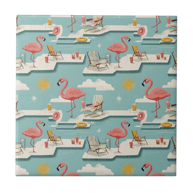 Retro Flamingo Poolside Summer Pattern (6) Fliese (Vorderseite)