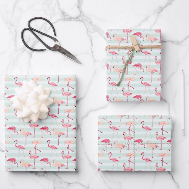 Retro Flamingos auf Minzstreifen Geschenkpapier Set (Vorderseite)