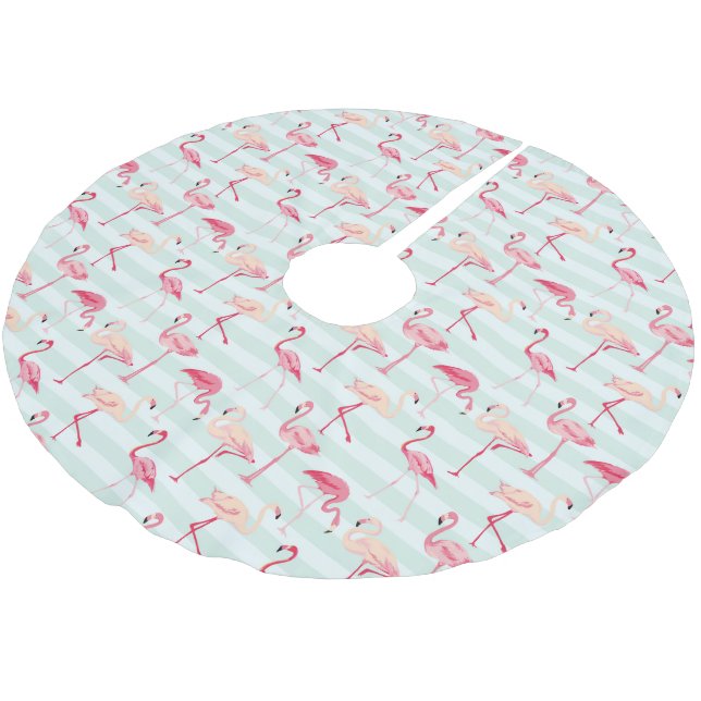 Retro-Flamingos auf Minzstreifen Polyester Weihnachtsbaumdecke (Schrägansicht)