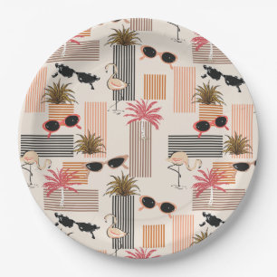 Retro Flamingos Palms und Sonnenbrille Summer Part Pappteller