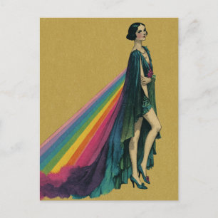 Retro Flapper Frau in einer Regenbogenhaut Postkarte