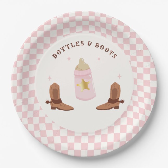 Retro Flaschen und Stiefel Cowgirl Babydusche Pappteller (Vorderseite)