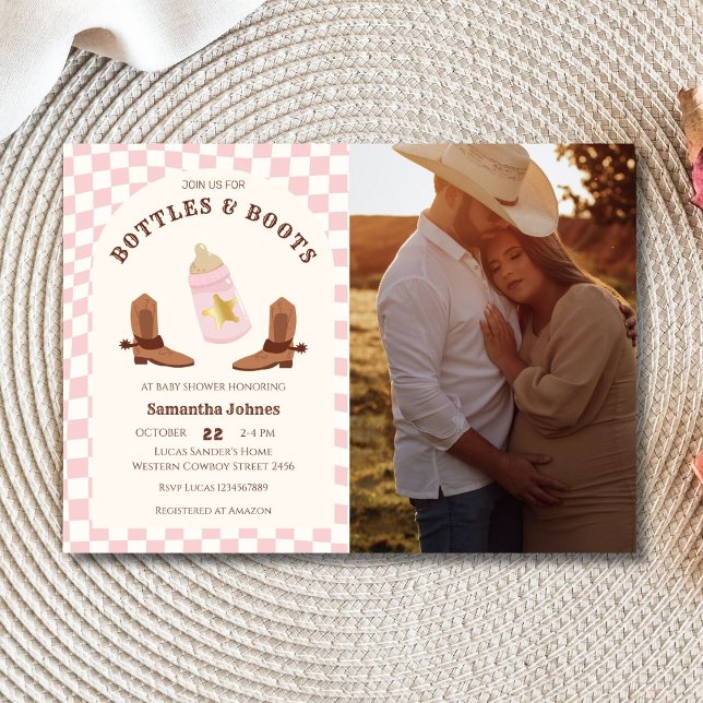 Retro Flaschen und Stiefel Cowgirl Foto Babydusche Einladung (Photo Invitation)