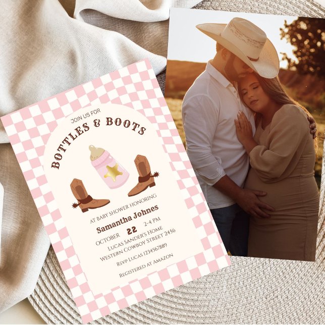 Retro Flaschen und Stiefel Cowgirl Foto Babydusche Einladung (Photo Invitation)