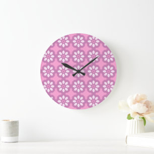 Retro-Fliesenmuster mit rosa Blüten Große Wanduhr