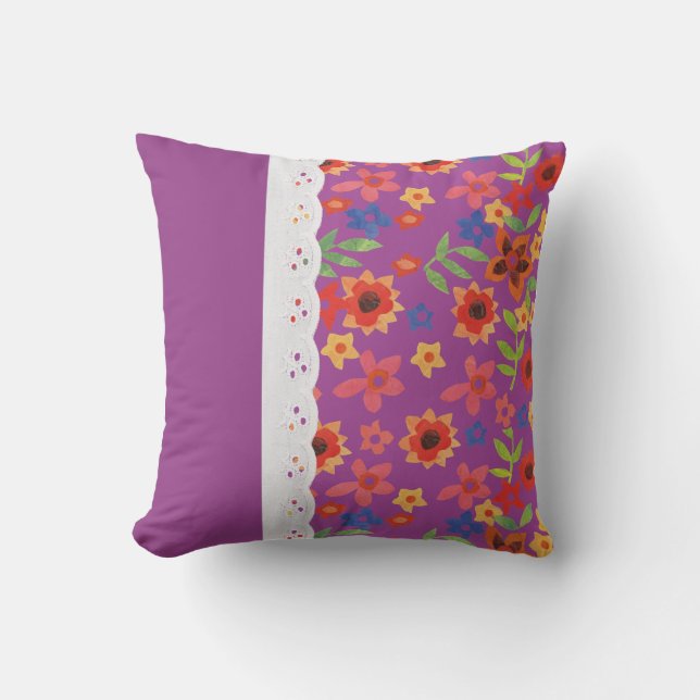 Retro Floral auf Magenta, Imitate Spitzen Kissen K (Vorderseite)