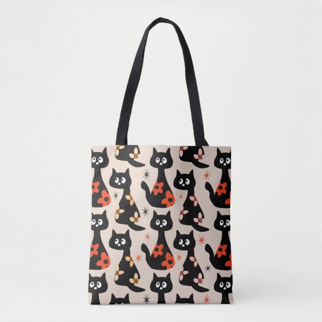 Retro Floral Black Cats (Soft Beige) Tasche (Vorderseite)