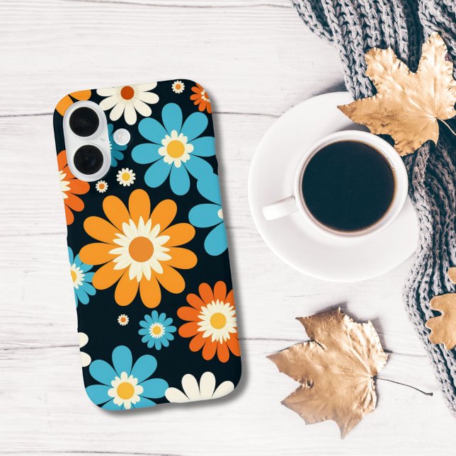 Retro Floral Blume Blau Orangefarben iPhone 16 Hülle (Retro Groovy Floral Navy blue, Light Blue, Orange and White Flowers iPhone case)
