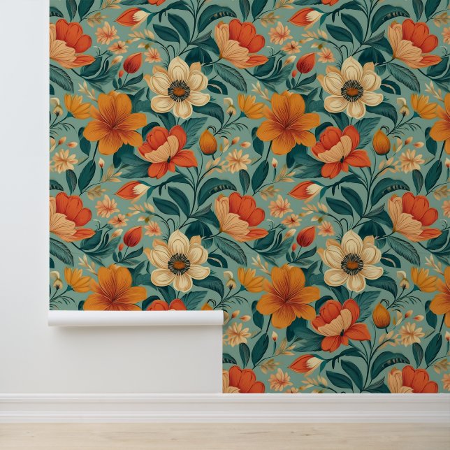 Retro Floral Bohemisch Orange Minze Green Tapete (Anwendung)