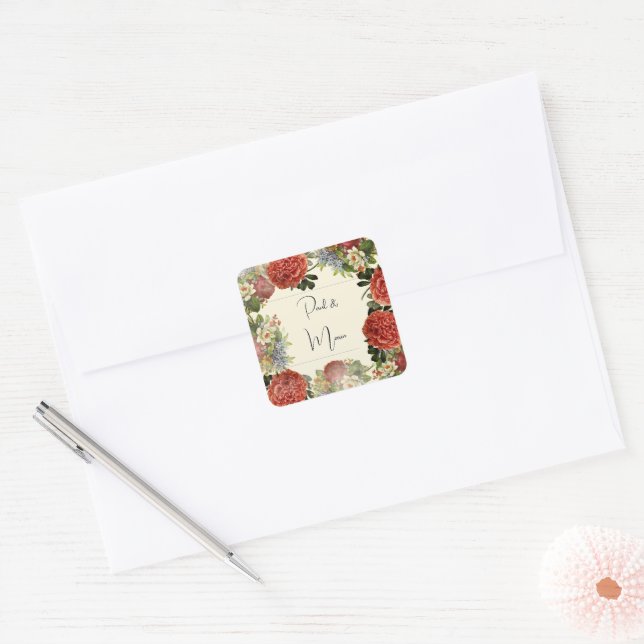 Retro Floral BOHO Einladung Hochzeit Quadratischer Aufkleber (Umschlag)