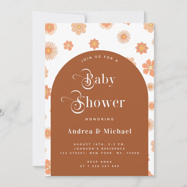 Retro Floral & Boho Terracotta Arch Baby Dusche Einladung (Vorderseite)