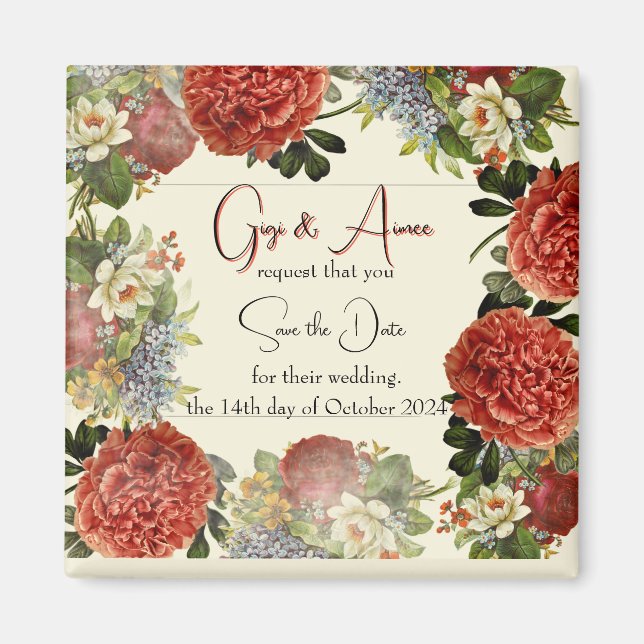 Retro Floral BOHO Wedding Save the Date Magnets (Devant)