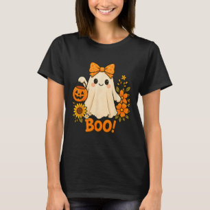 Retro Floral Boo Ghost Pumpkin Bow Halloween Fraue T-Shirt
