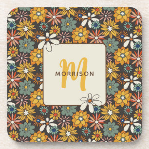 Retro Floral Brown Gold Aquamarin Personalisiert Getränkeuntersetzer
