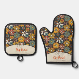 Retro Floral Brown Gold Aquamarin Personalisiert Ofenhandschuh & Topflappen-Set