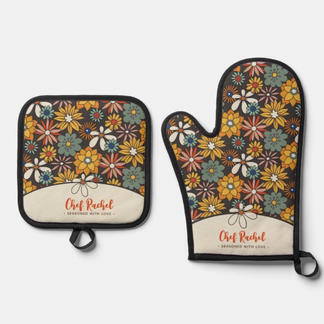 Retro Floral Brown Gold Aquamarin Personalisiert Ofenhandschuh & Topflappen-Set (Vorderseite)