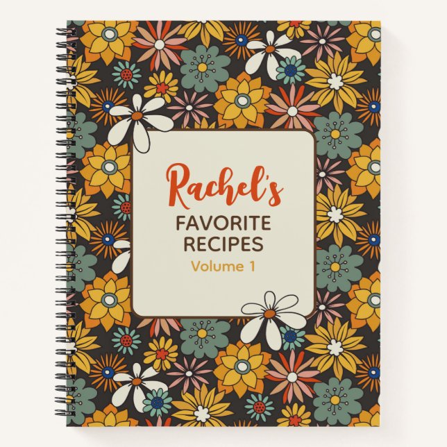 Retro Floral Brown Gold Aquamarines Personalisiert Notizbuch (Vorderseite)