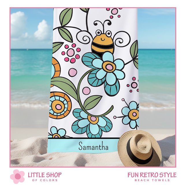 Retro Floral Bumble Bee Personalisiert Strandtuch (Von Creator hochgeladen)