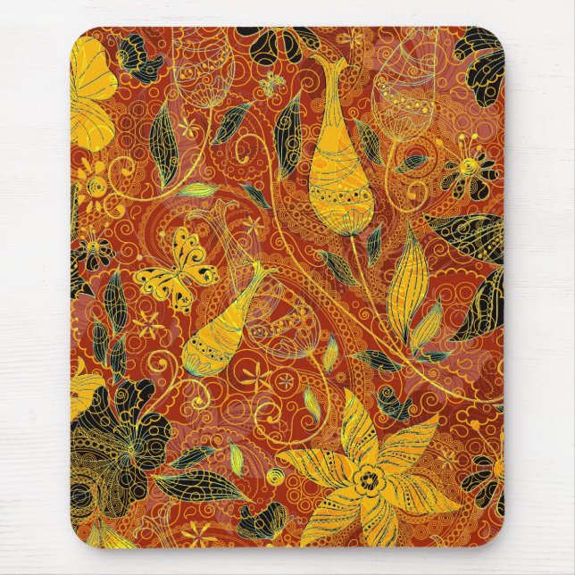 Retro Floral Collage Yellow & Red Mousepad (Vorne)
