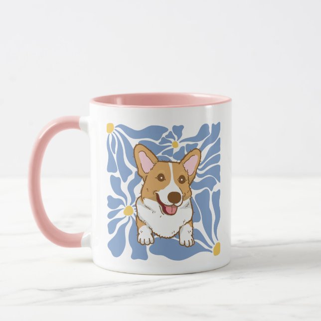 Retro Floral Corgi Lover Pink & Purple Coffee Mug (Gauche)