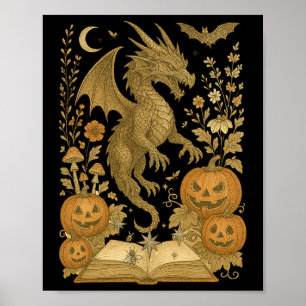 Retro Floral Dragon Buch Pumpkin Spooky Lesen Ha Poster