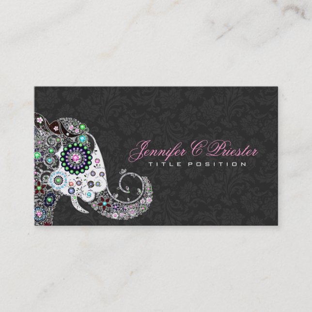 Retro Floral Elephant & Black Damask Visitenkarte (Vorderseite)