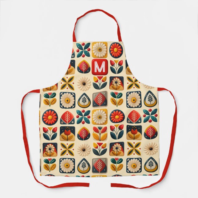 Retro floral farbig - Personalisiertes Monogramm Schürze (Vorderseite)