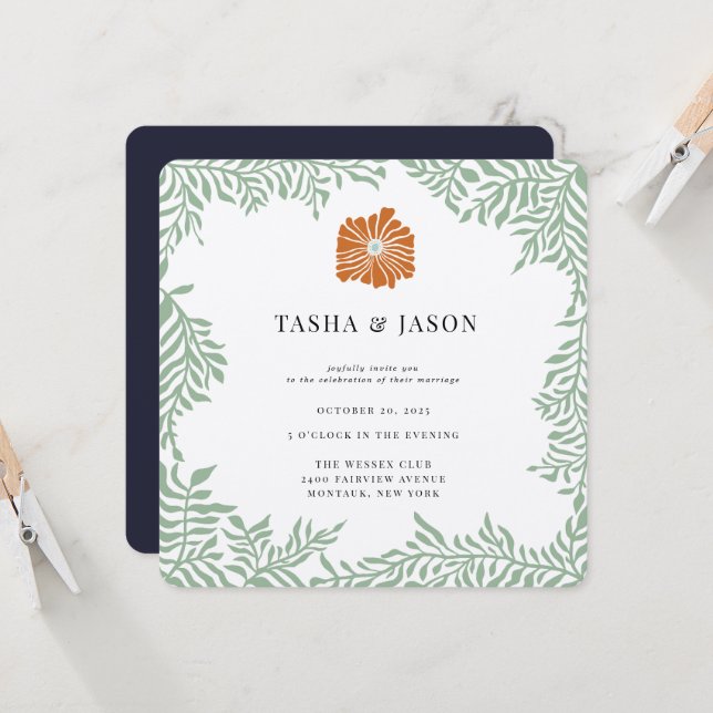 Retro Floral Greenery Frame Wedding Invitation Einladung (Vorderseite/Rückseite Beispiel)