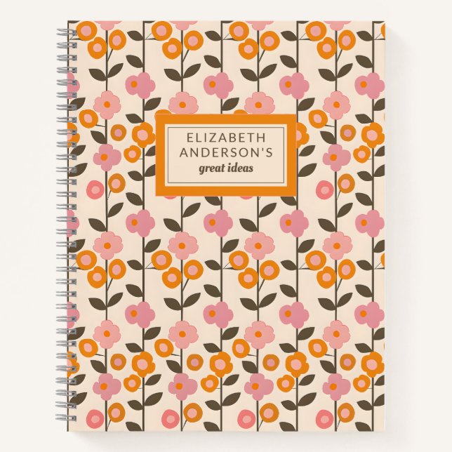 Retro Floral Leaf Muster Monogramm Notizbuch (Vorderseite)