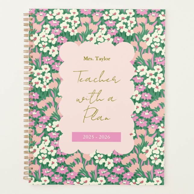 Retro Floral Lehrer mit Plan Personalisiert Planer (Vorderseite)