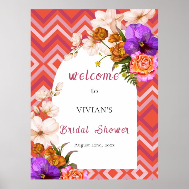 Retro Floral Magenta Fuchsia Brautparty Willkommen Poster (Vorne)