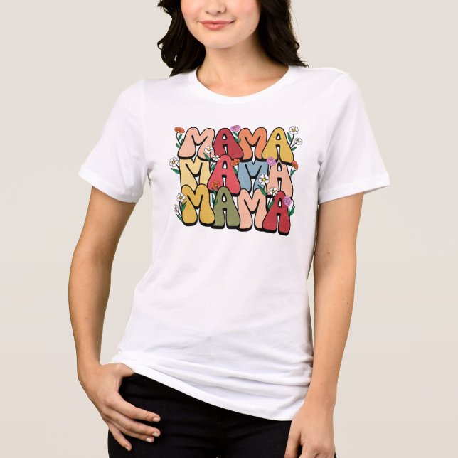 Retro Floral "Mama" Bubble Font Tri-Blend Shirt (Vorderseite)