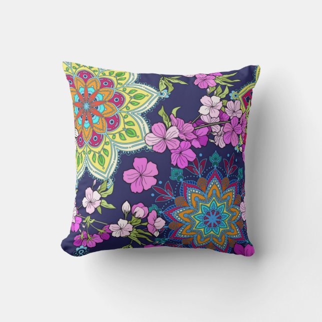 Retro Floral/Mandala Design, Navy & Pink Kissen (Vorderseite)