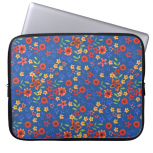 Retro Floral Miniprint auf blauem Laptop-Sieb Laptopschutzhülle