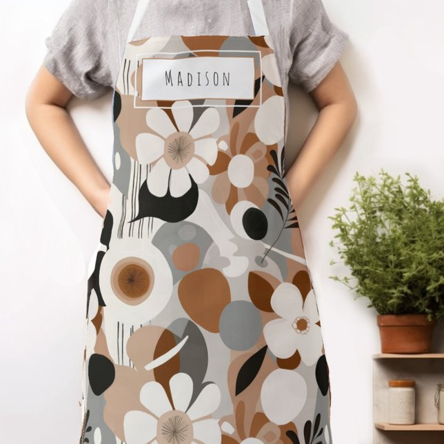 Retro Floral Mitte des Jahrhunderts Moderne Name S Schürze (Crafted with high-quality polyester fabric & available in three sizes for the whole family to enjoy.)