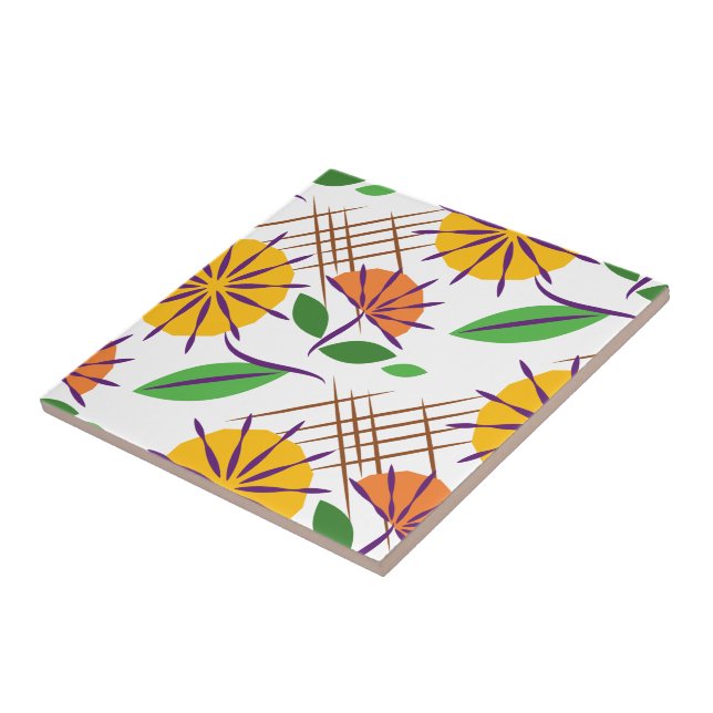Retro Floral Modernes Muster Gelb + Orange Fliese (Seite)